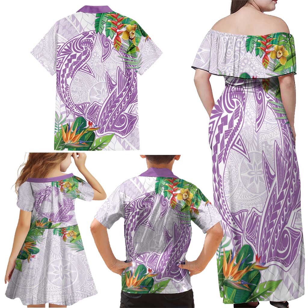 Polynesia Family Matching Off Shoulder Maxi Dress and Hawaiian Shirt Sharks Duo Tropical Lavender LT7 - Polynesian Pride