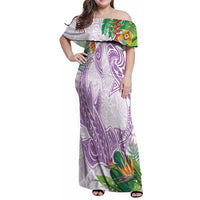 Polynesia Family Matching Off Shoulder Maxi Dress and Hawaiian Shirt Sharks Duo Tropical Lavender LT7 Mom's Dress Lavender - Polynesian Pride