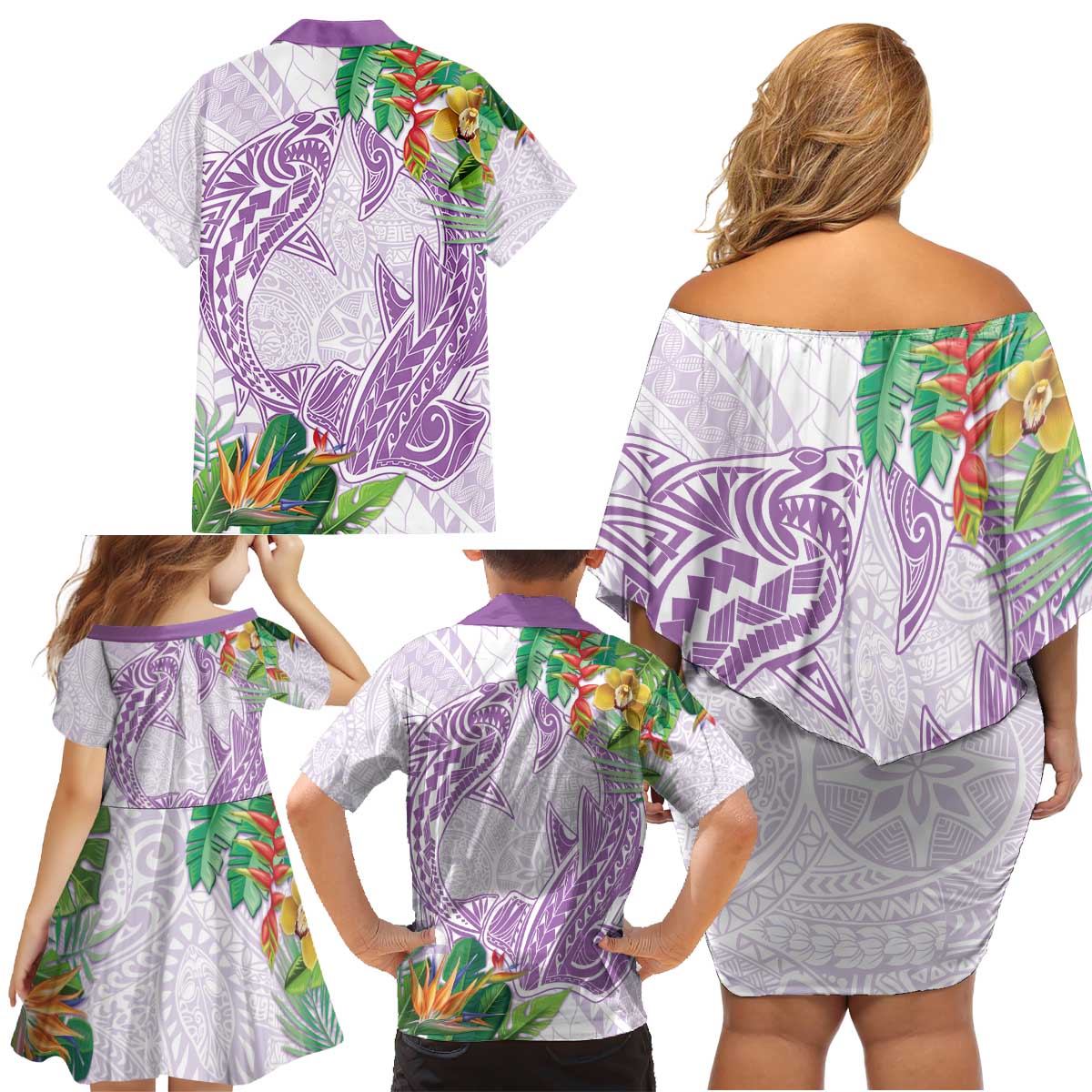 Polynesia Family Matching Off Shoulder Short Dress and Hawaiian Shirt Sharks Duo Tropical Lavender LT7 - Polynesian Pride
