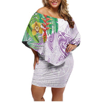 Polynesia Family Matching Off Shoulder Short Dress and Hawaiian Shirt Sharks Duo Tropical Lavender LT7 Mom's Dress Lavender - Polynesian Pride