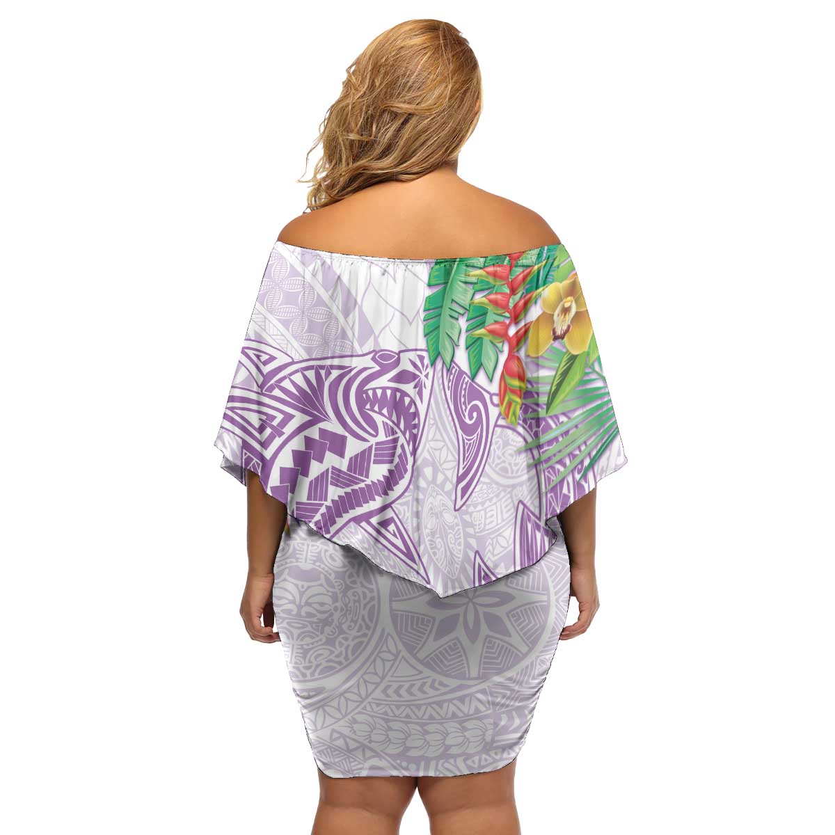 Polynesia Family Matching Off Shoulder Short Dress and Hawaiian Shirt Sharks Duo Tropical Lavender LT7 - Polynesian Pride