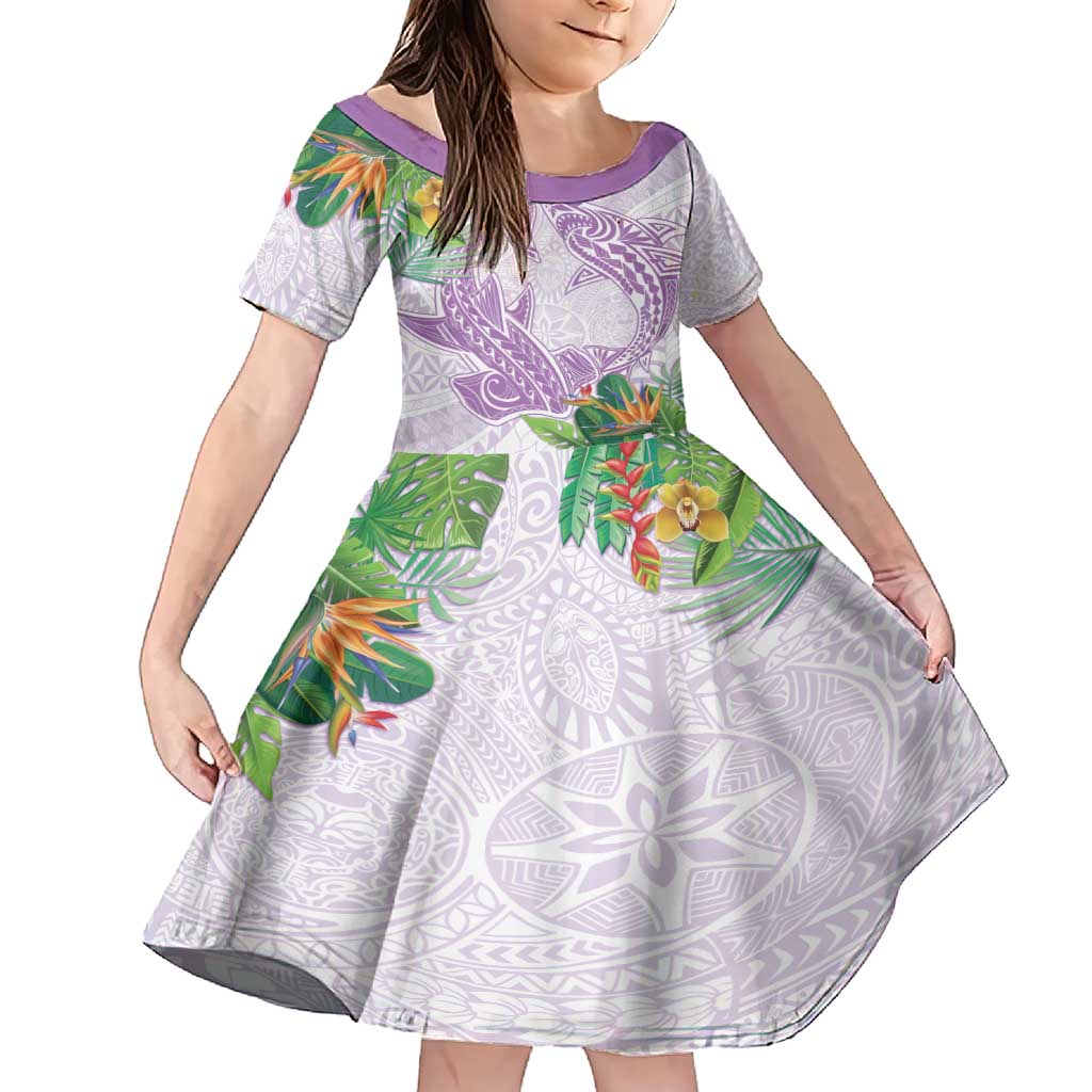 Polynesia Family Matching Short Sleeve Bodycon Dress and Hawaiian Shirt Sharks Duo Tropical Lavender LT7 Daughter's Dress Lavender - Polynesian Pride