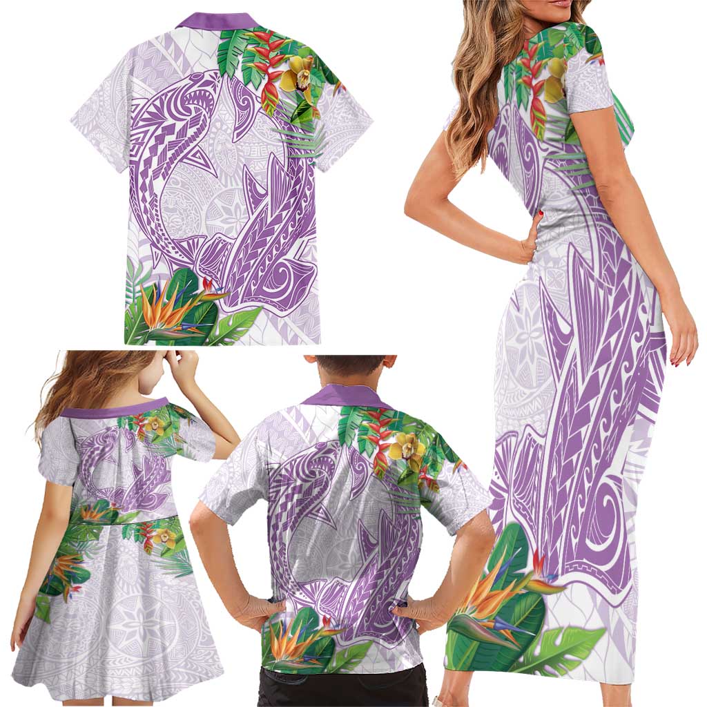 Polynesia Family Matching Short Sleeve Bodycon Dress and Hawaiian Shirt Sharks Duo Tropical Lavender LT7 - Polynesian Pride