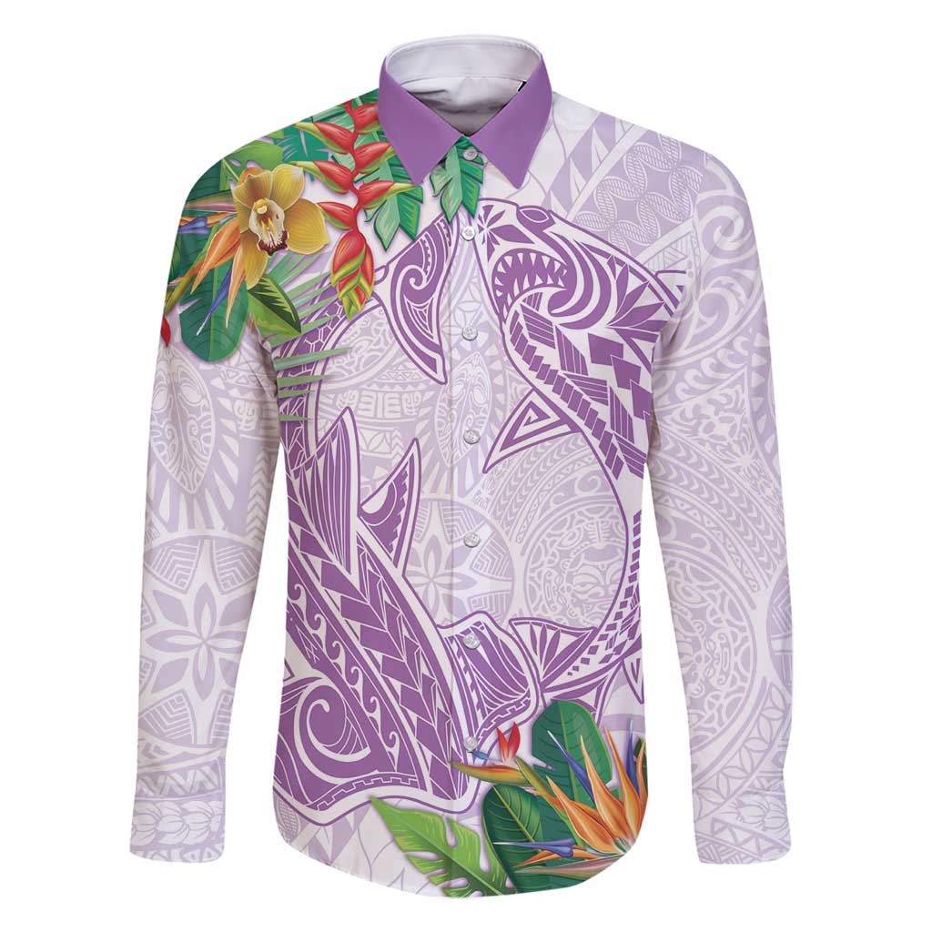 Polynesia Family Matching Summer Maxi Dress and Hawaiian Shirt Sharks Duo Tropical Lavender LT7 Dad's Shirt - Long Sleeve Lavender - Polynesian Pride