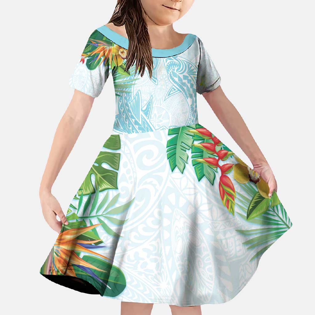 Polynesia Family Matching Long Sleeve Bodycon Dress and Hawaiian Shirt Sharks Duo Tropical Turquoise LT7 Daughter's Dress Turquoise - Polynesian Pride