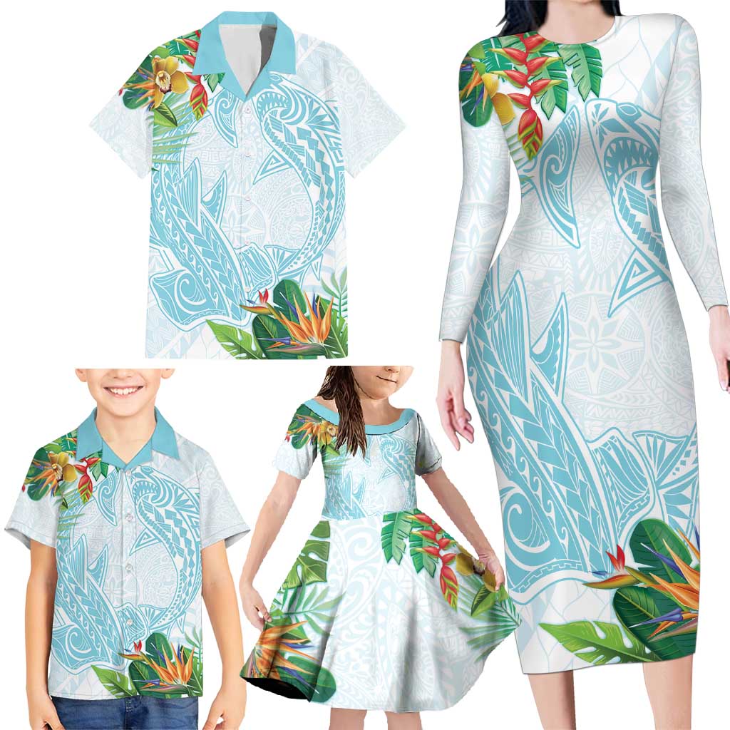 Polynesia Family Matching Long Sleeve Bodycon Dress and Hawaiian Shirt Sharks Duo Tropical Turquoise LT7 - Polynesian Pride