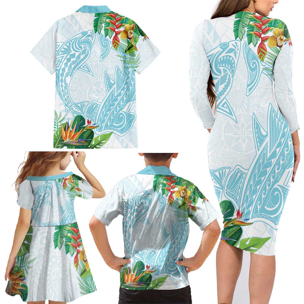 Polynesia Family Matching Long Sleeve Bodycon Dress and Hawaiian Shirt Sharks Duo Tropical Turquoise LT7 - Polynesian Pride