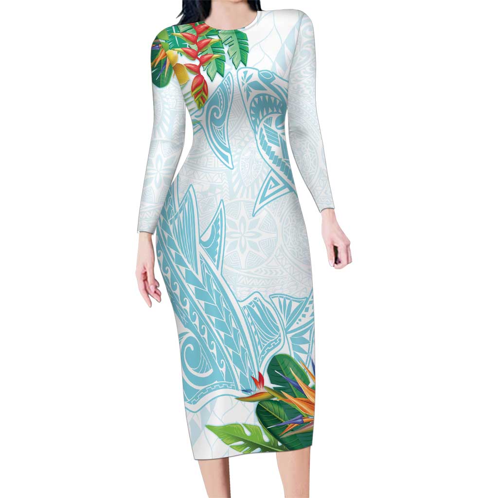 Polynesia Family Matching Long Sleeve Bodycon Dress and Hawaiian Shirt Sharks Duo Tropical Turquoise LT7 Mom's Dress Turquoise - Polynesian Pride