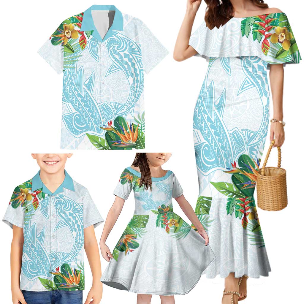 Polynesia Family Matching Mermaid Dress and Hawaiian Shirt Sharks Duo Tropical Turquoise LT7 - Polynesian Pride