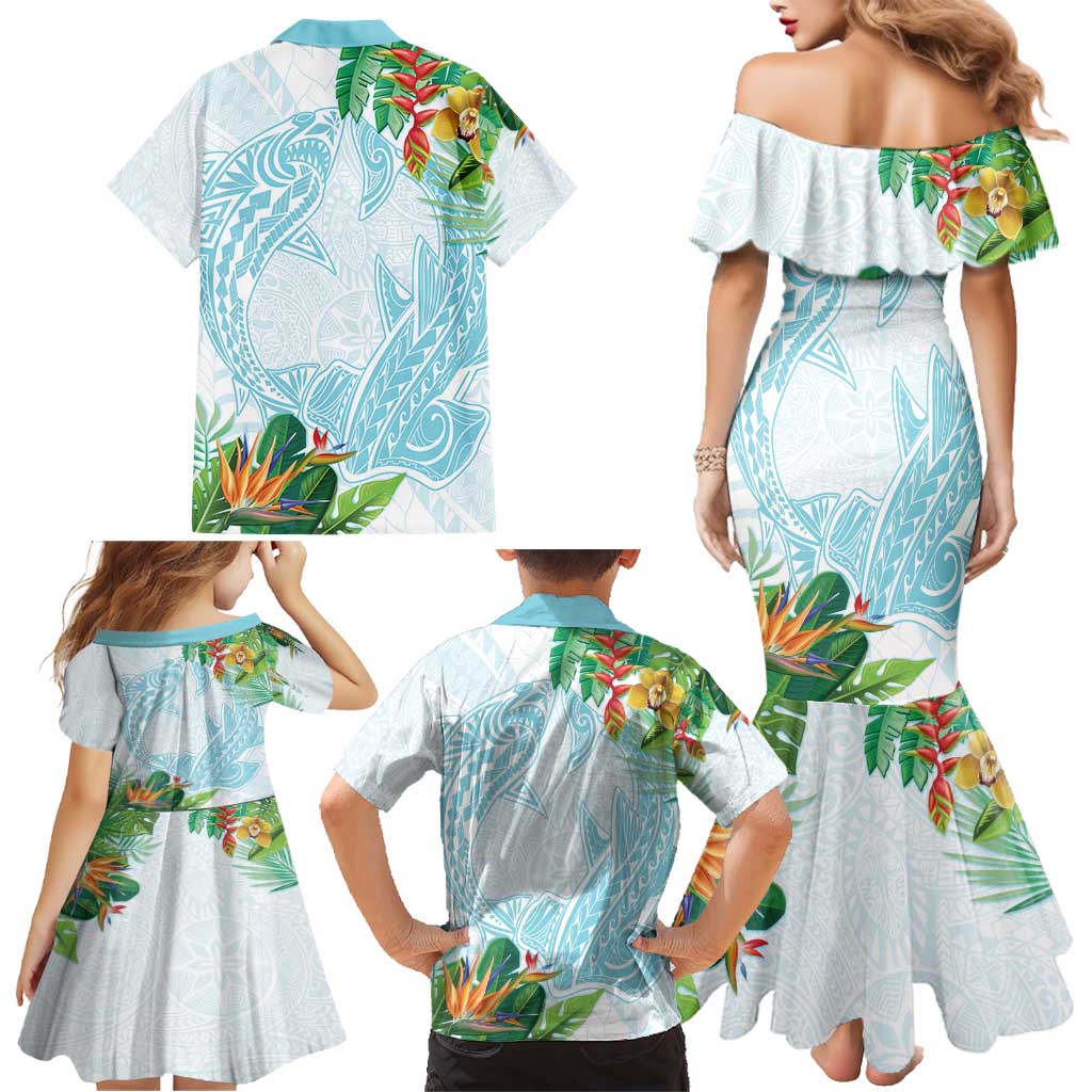 Polynesia Family Matching Mermaid Dress and Hawaiian Shirt Sharks Duo Tropical Turquoise LT7 - Polynesian Pride