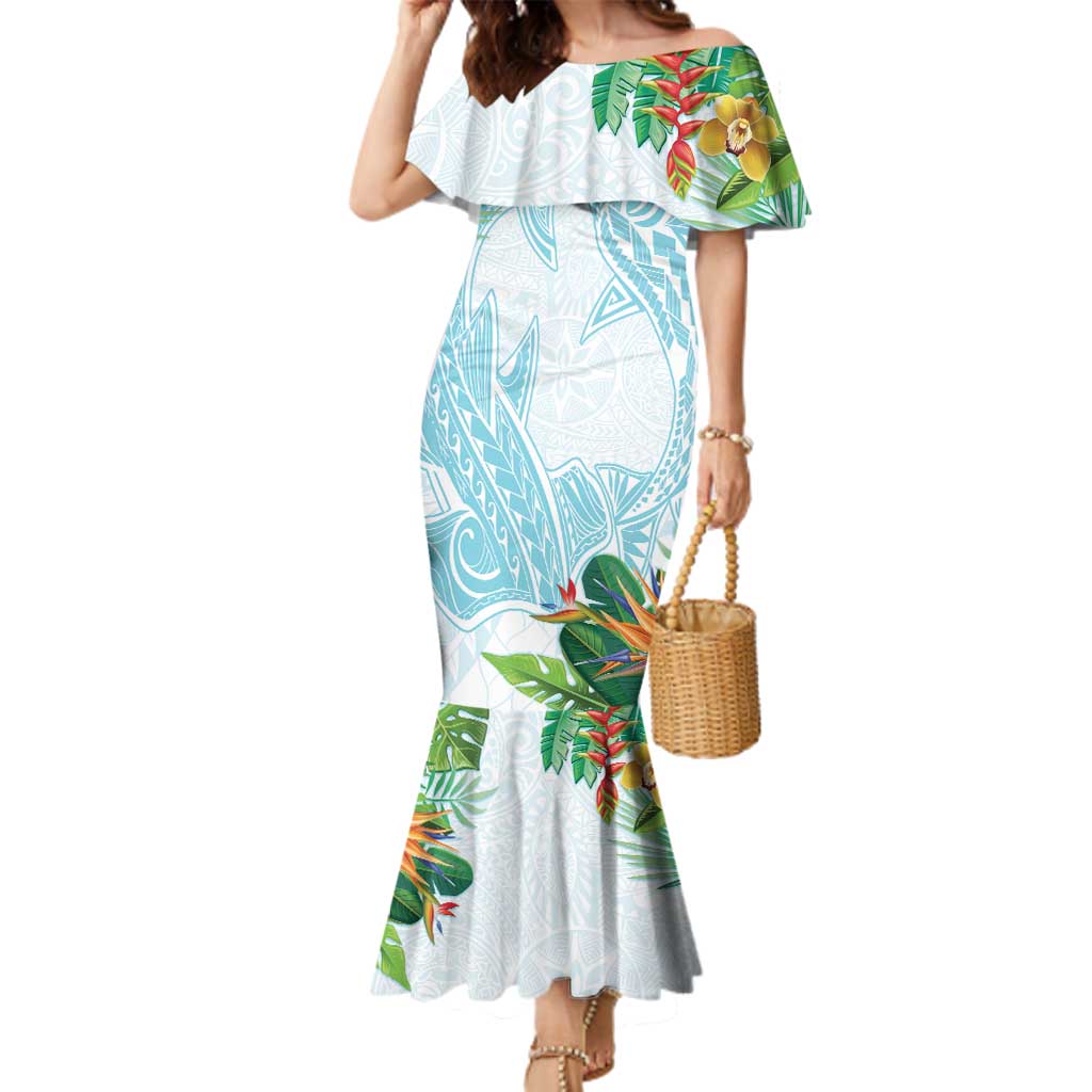 Polynesia Family Matching Mermaid Dress and Hawaiian Shirt Sharks Duo Tropical Turquoise LT7 Mom's Dress Turquoise - Polynesian Pride