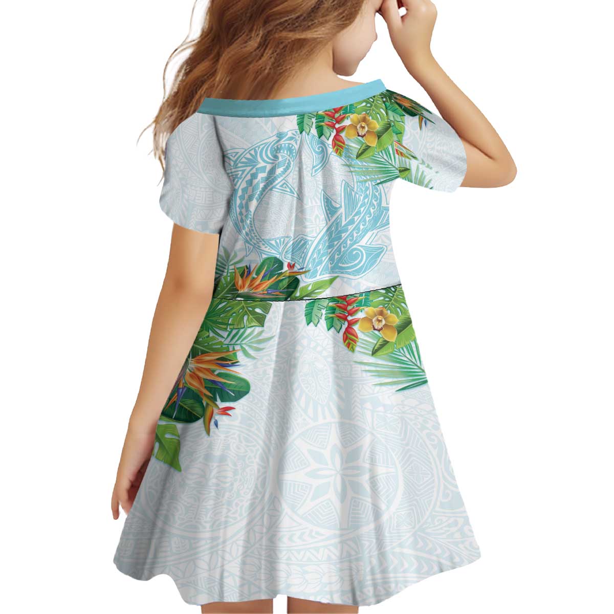 Polynesia Family Matching Off The Shoulder Long Sleeve Dress and Hawaiian Shirt Sharks Duo Tropical Turquoise LT7 - Polynesian Pride