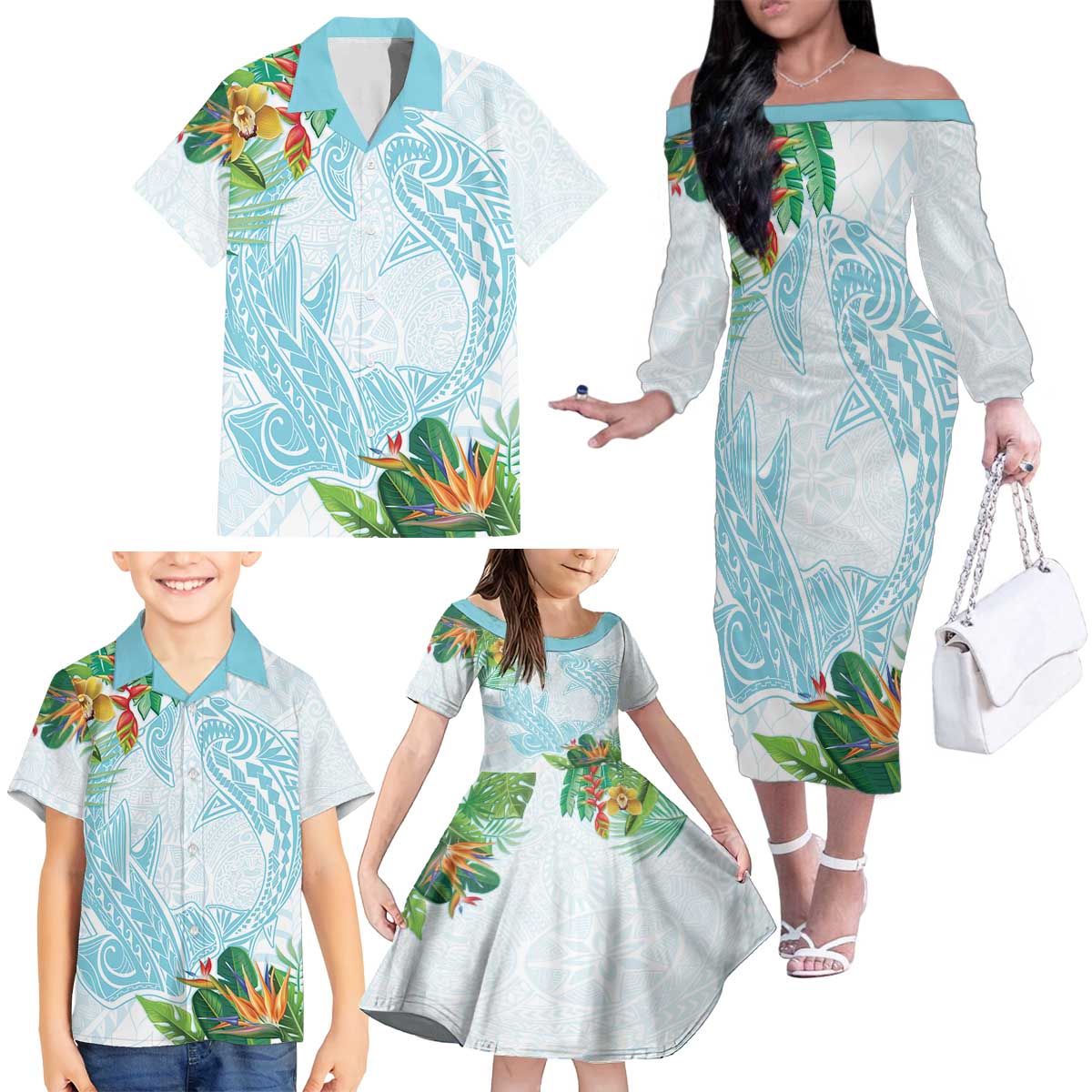 Polynesia Family Matching Off The Shoulder Long Sleeve Dress and Hawaiian Shirt Sharks Duo Tropical Turquoise LT7 - Polynesian Pride