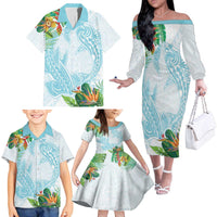 Polynesia Family Matching Off The Shoulder Long Sleeve Dress and Hawaiian Shirt Sharks Duo Tropical Turquoise LT7 - Polynesian Pride