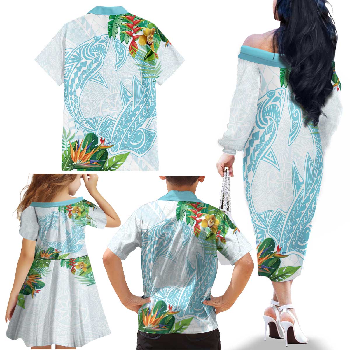 Polynesia Family Matching Off The Shoulder Long Sleeve Dress and Hawaiian Shirt Sharks Duo Tropical Turquoise LT7 - Polynesian Pride