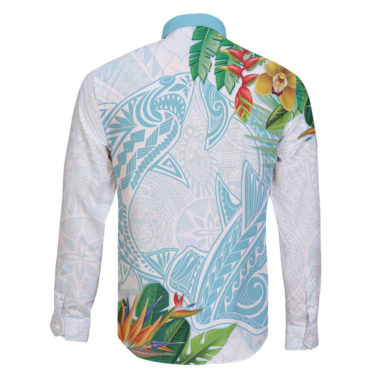 Polynesia Family Matching Off The Shoulder Long Sleeve Dress and Hawaiian Shirt Sharks Duo Tropical Turquoise LT7 - Polynesian Pride