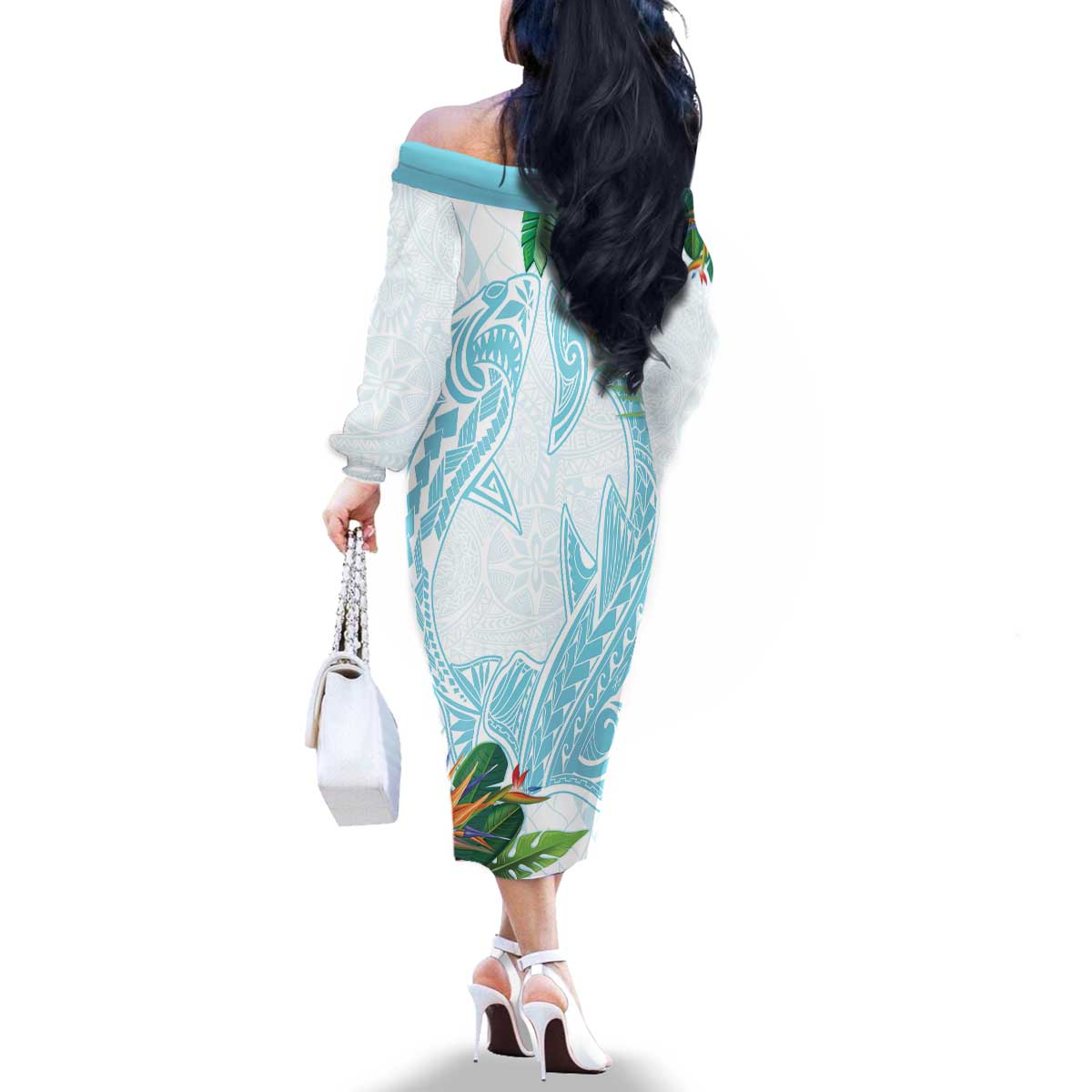 Polynesia Family Matching Off The Shoulder Long Sleeve Dress and Hawaiian Shirt Sharks Duo Tropical Turquoise LT7 - Polynesian Pride