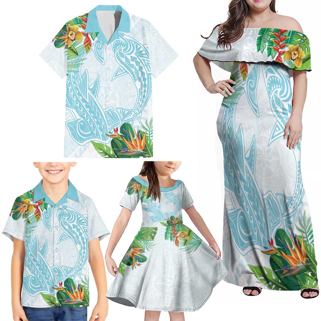 Polynesia Family Matching Off Shoulder Maxi Dress and Hawaiian Shirt Sharks Duo Tropical Turquoise LT7 - Polynesian Pride