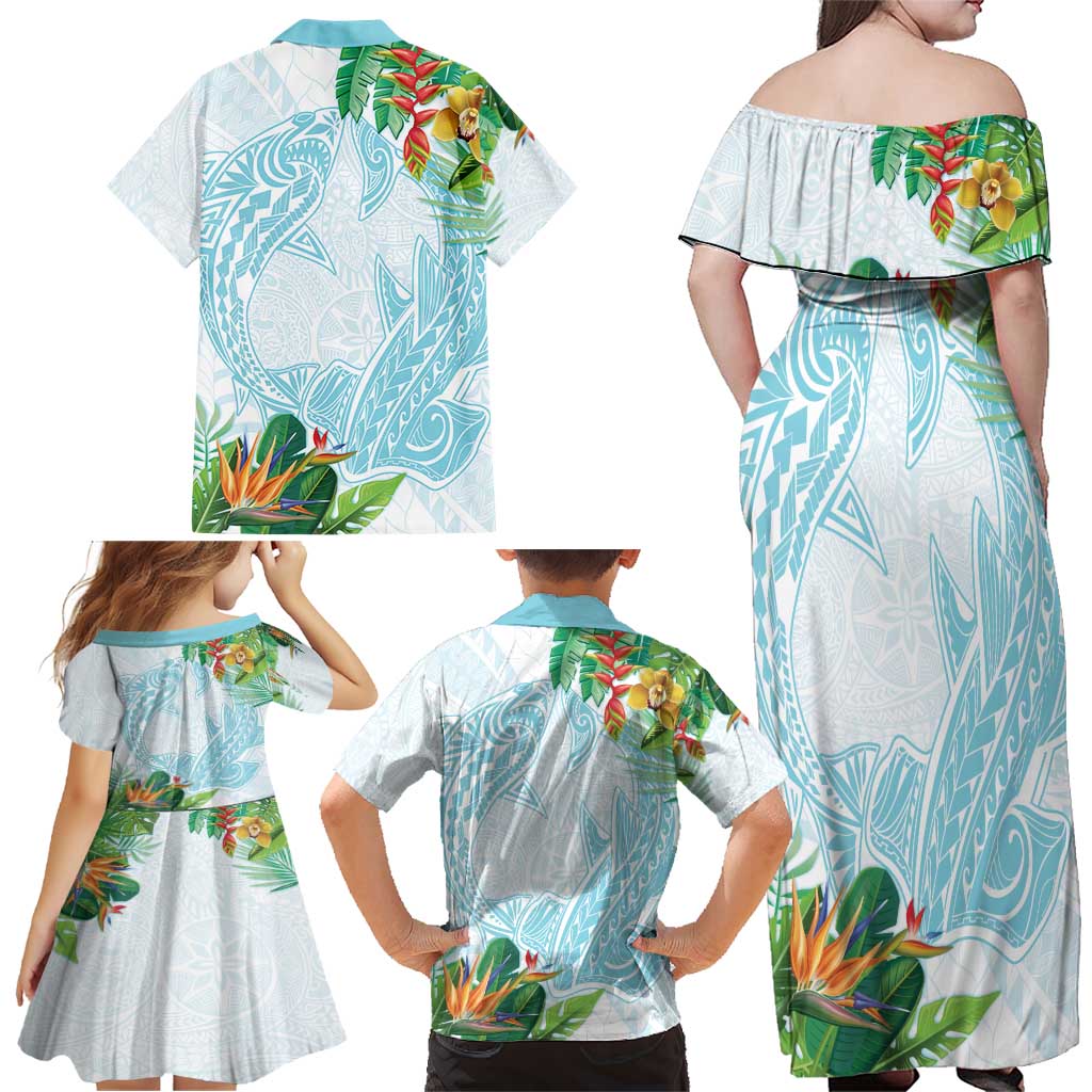 Polynesia Family Matching Off Shoulder Maxi Dress and Hawaiian Shirt Sharks Duo Tropical Turquoise LT7 - Polynesian Pride