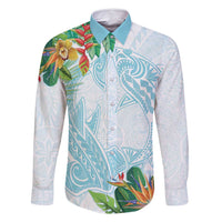 Polynesia Family Matching Off Shoulder Maxi Dress and Hawaiian Shirt Sharks Duo Tropical Turquoise LT7 Dad's Shirt - Long Sleeve Turquoise - Polynesian Pride