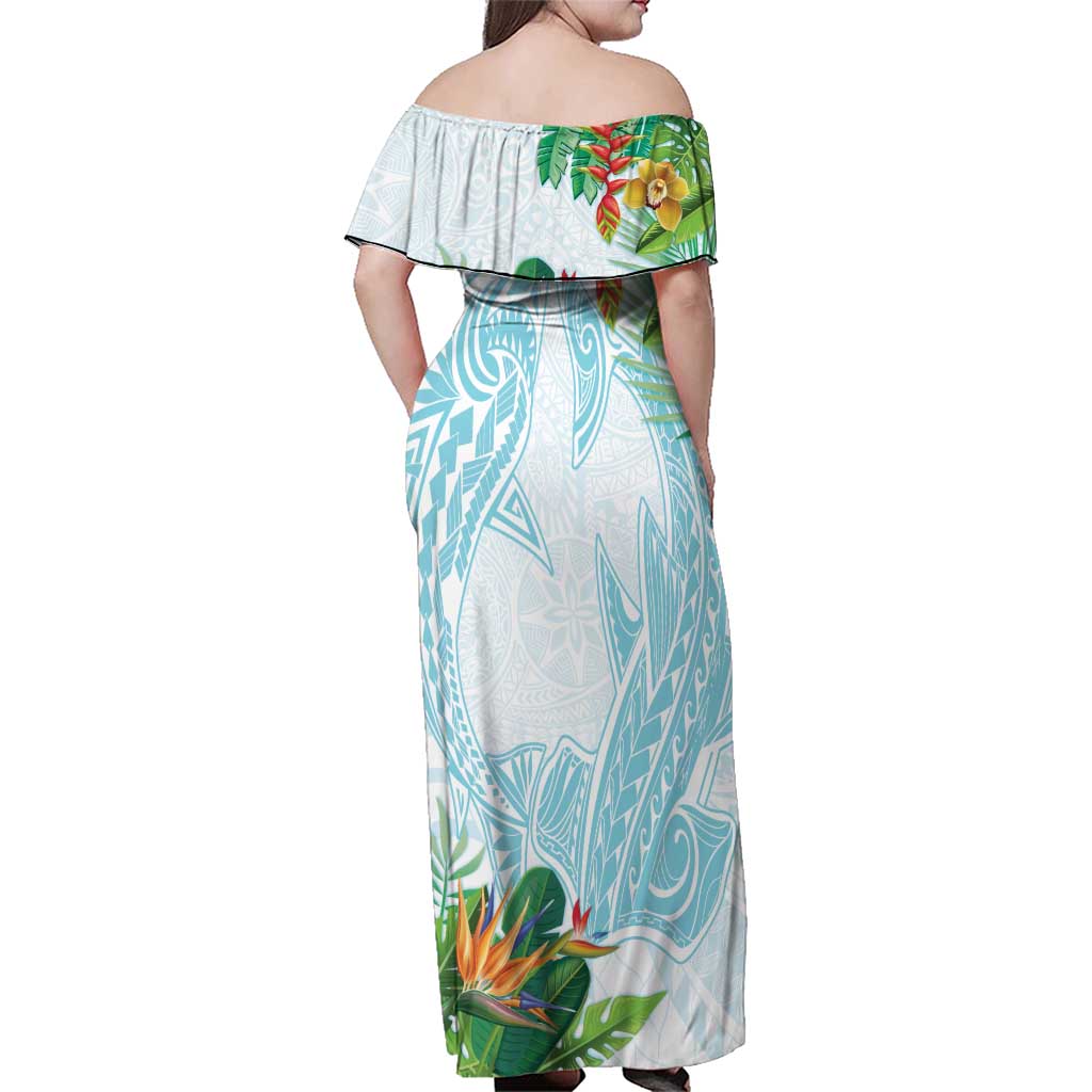 Polynesia Family Matching Off Shoulder Maxi Dress and Hawaiian Shirt Sharks Duo Tropical Turquoise LT7 - Polynesian Pride