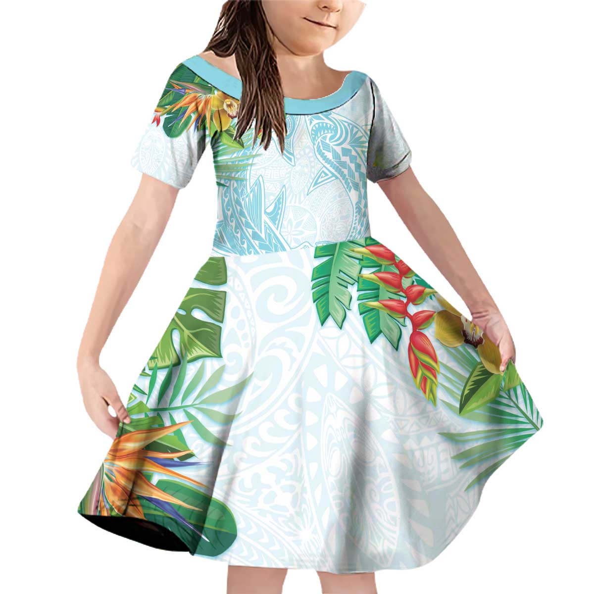 Polynesia Family Matching Off Shoulder Short Dress and Hawaiian Shirt Sharks Duo Tropical Turquoise LT7 Daughter's Dress Turquoise - Polynesian Pride