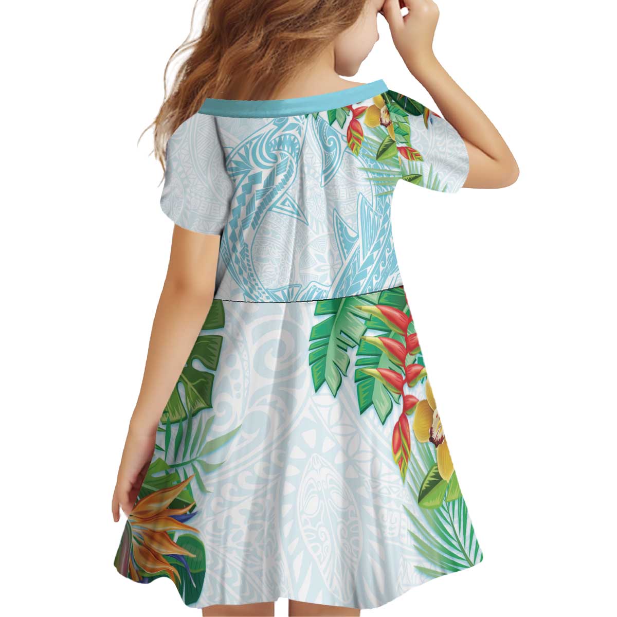 Polynesia Family Matching Off Shoulder Short Dress and Hawaiian Shirt Sharks Duo Tropical Turquoise LT7 - Polynesian Pride