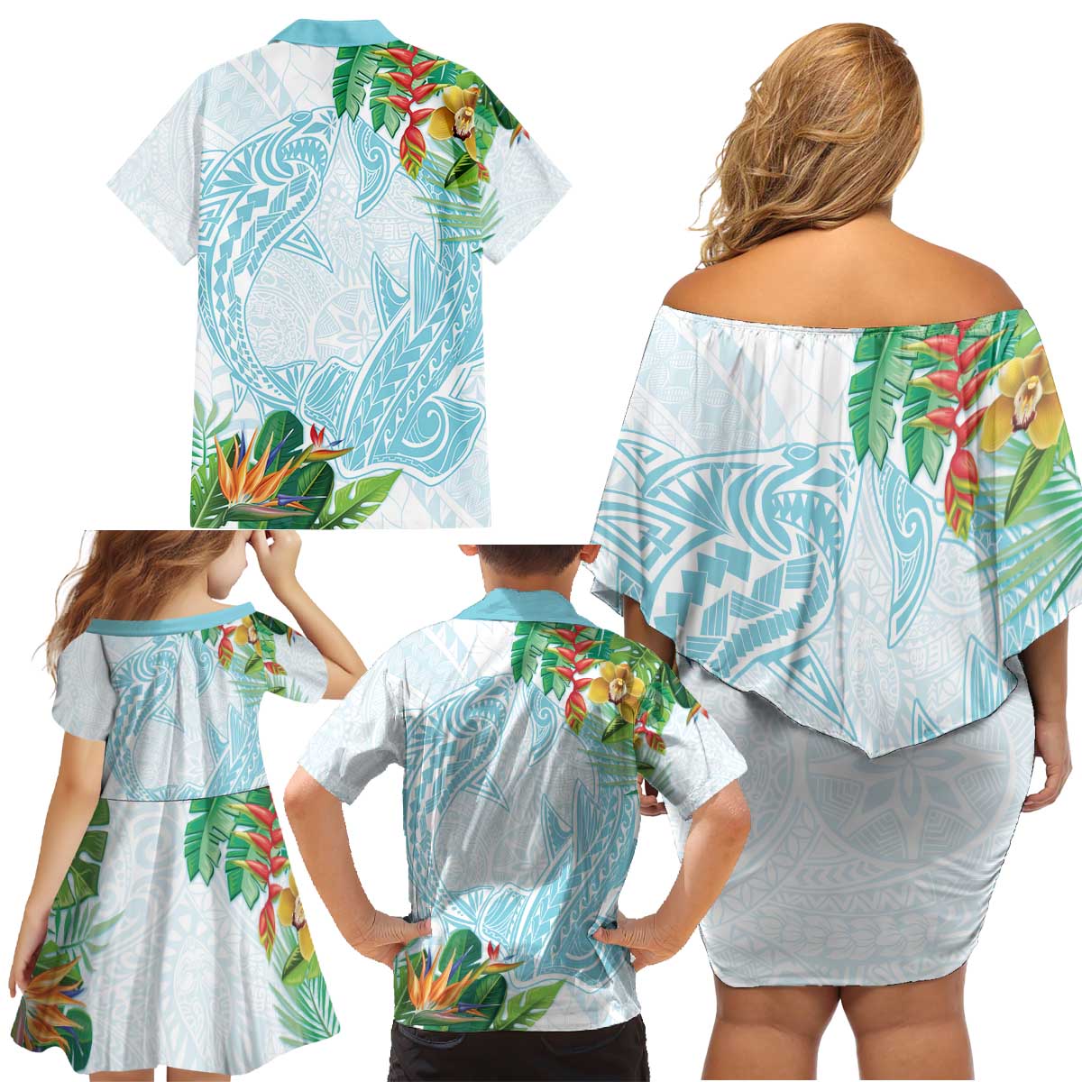 Polynesia Family Matching Off Shoulder Short Dress and Hawaiian Shirt Sharks Duo Tropical Turquoise LT7 - Polynesian Pride