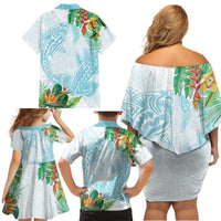 Polynesia Family Matching Off Shoulder Short Dress and Hawaiian Shirt Sharks Duo Tropical Turquoise LT7 - Polynesian Pride