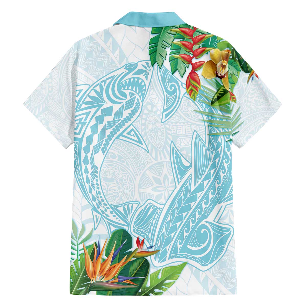 Polynesia Family Matching Off Shoulder Short Dress and Hawaiian Shirt Sharks Duo Tropical Turquoise LT7 - Polynesian Pride