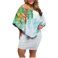 Polynesia Family Matching Off Shoulder Short Dress and Hawaiian Shirt Sharks Duo Tropical Turquoise LT7 Mom's Dress Turquoise - Polynesian Pride