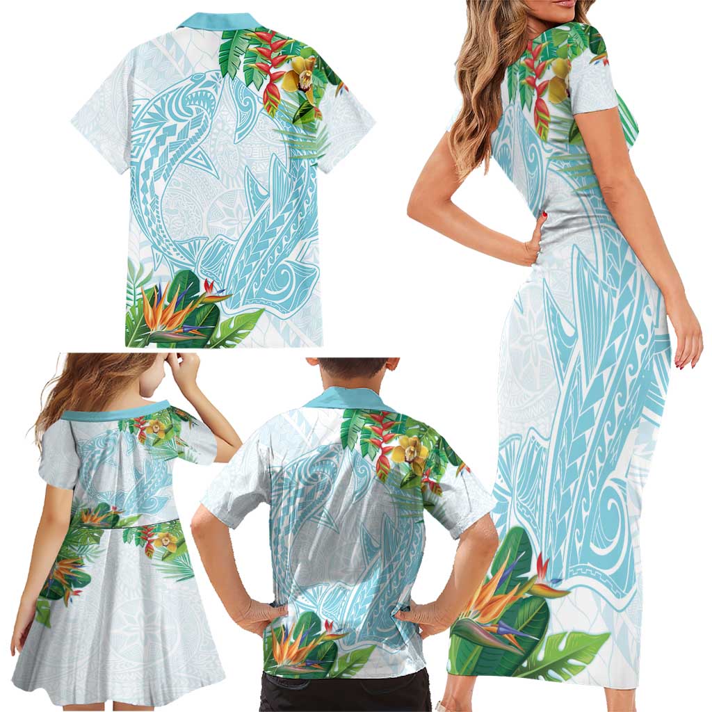 Polynesia Family Matching Short Sleeve Bodycon Dress and Hawaiian Shirt Sharks Duo Tropical Turquoise LT7 - Polynesian Pride