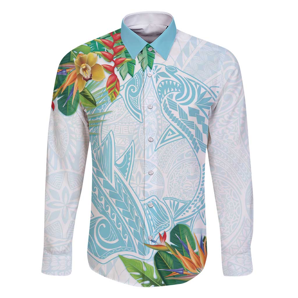 Polynesia Family Matching Short Sleeve Bodycon Dress and Hawaiian Shirt Sharks Duo Tropical Turquoise LT7 Dad's Shirt - Long Sleeve Turquoise - Polynesian Pride