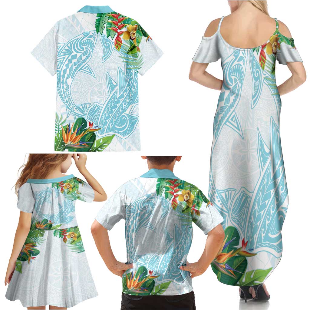 Polynesia Family Matching Summer Maxi Dress and Hawaiian Shirt Sharks Duo Tropical Turquoise LT7 - Polynesian Pride