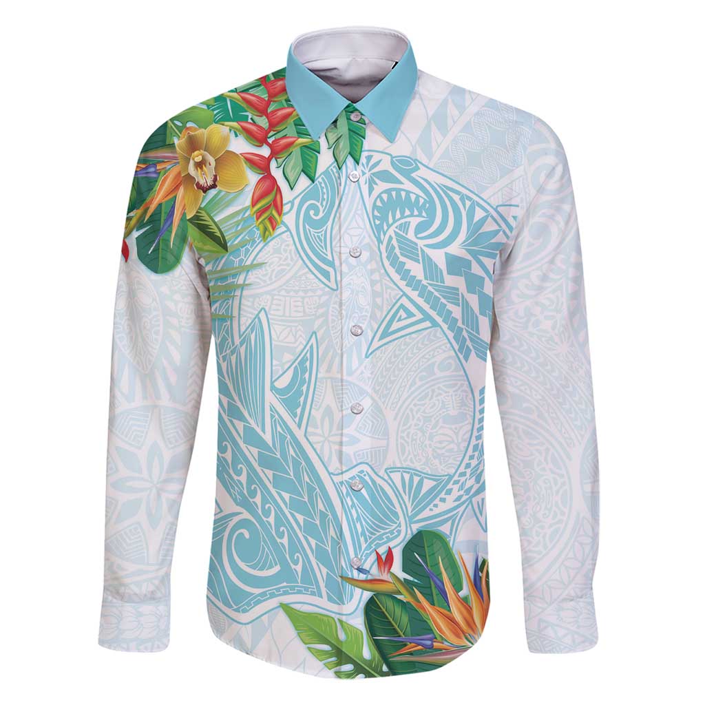Polynesia Family Matching Tank Maxi Dress and Hawaiian Shirt Sharks Duo Tropical Turquoise LT7 Dad's Shirt - Long Sleeve Turquoise - Polynesian Pride