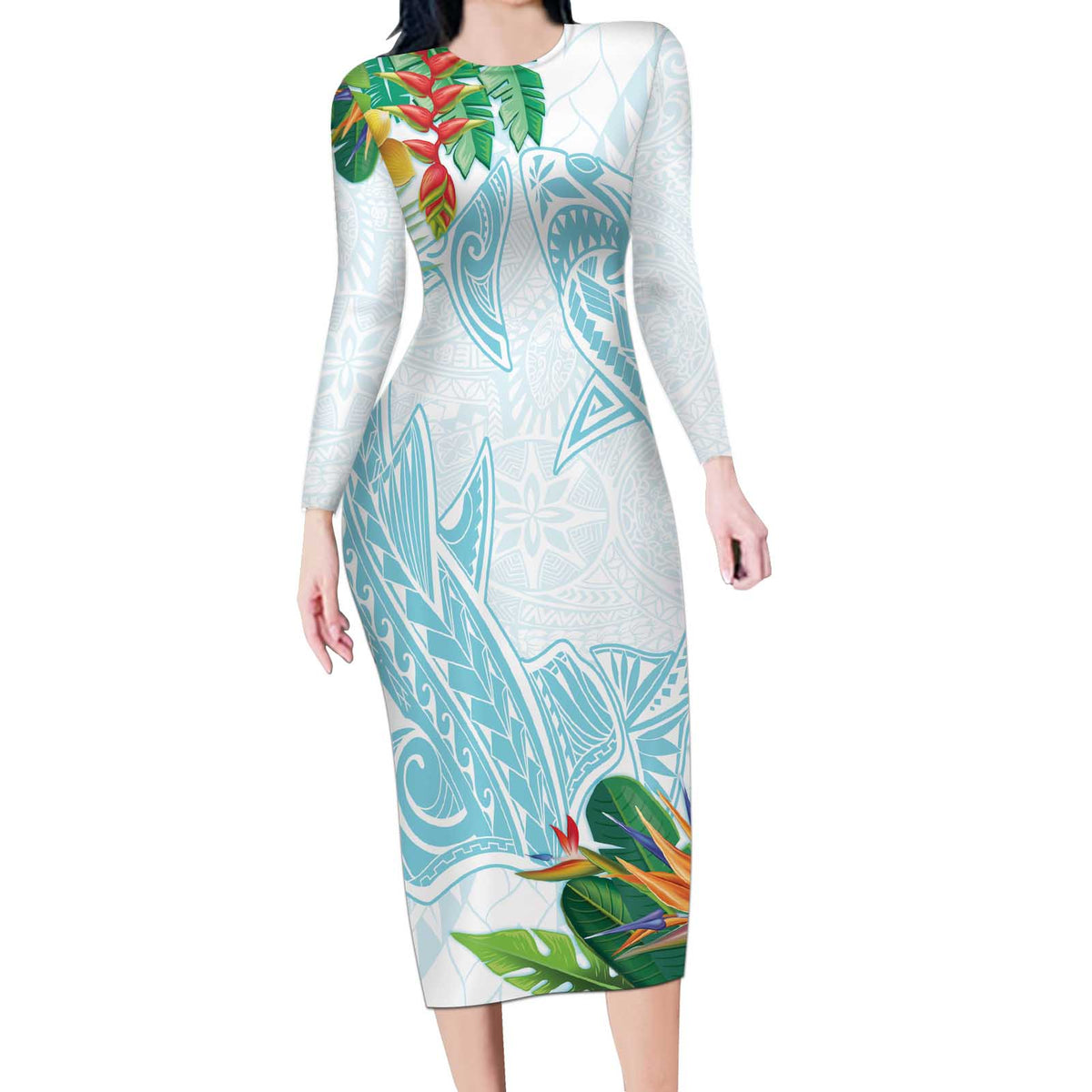 Polynesia Long Sleeve Bodycon Dress Sharks Duo Tropical Turquoise LT7 Long Dress Turquoise - Polynesian Pride