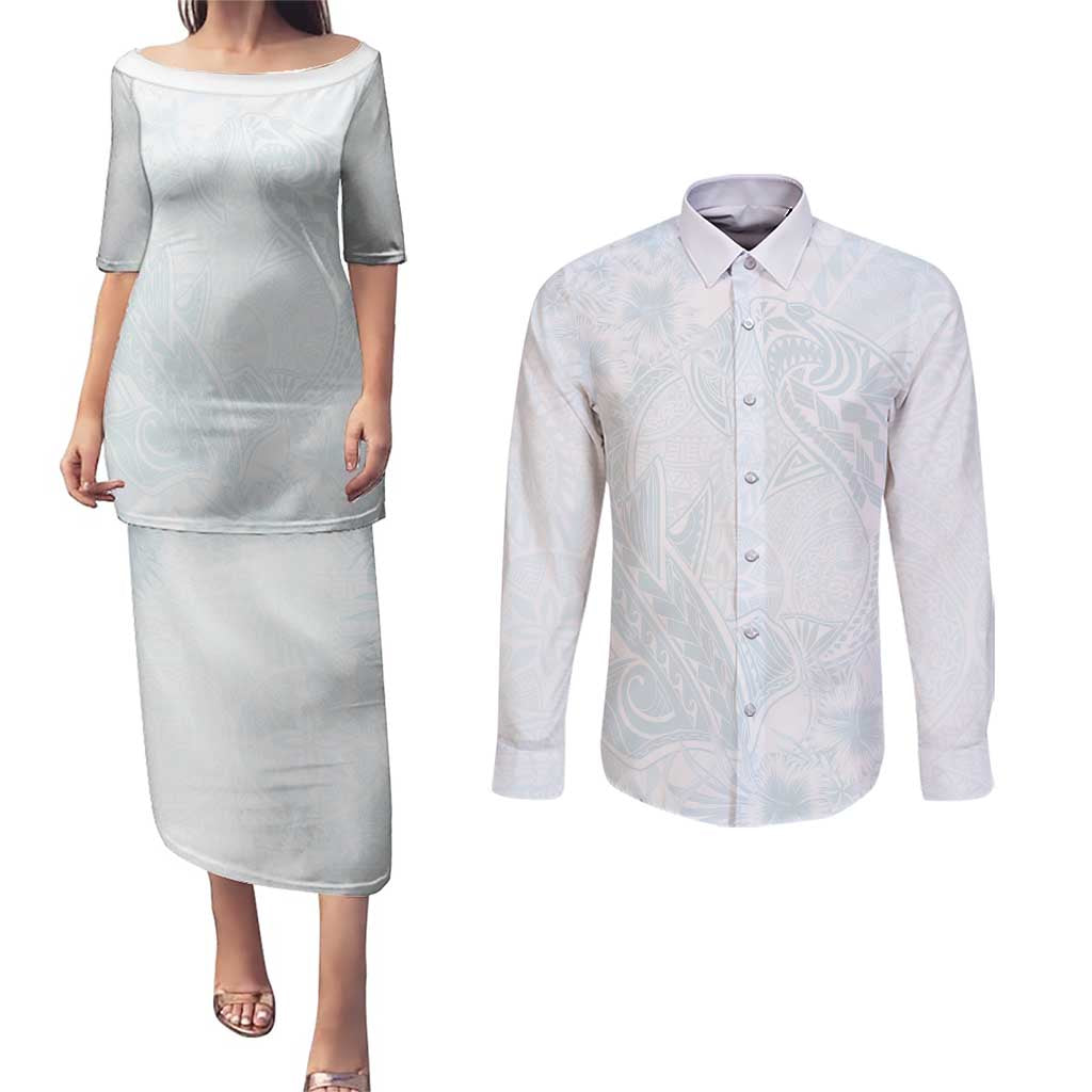 Polynesia Couples Matching Puletasi and Long Sleeve Button Shirt Sharks Duo Tropical Off White