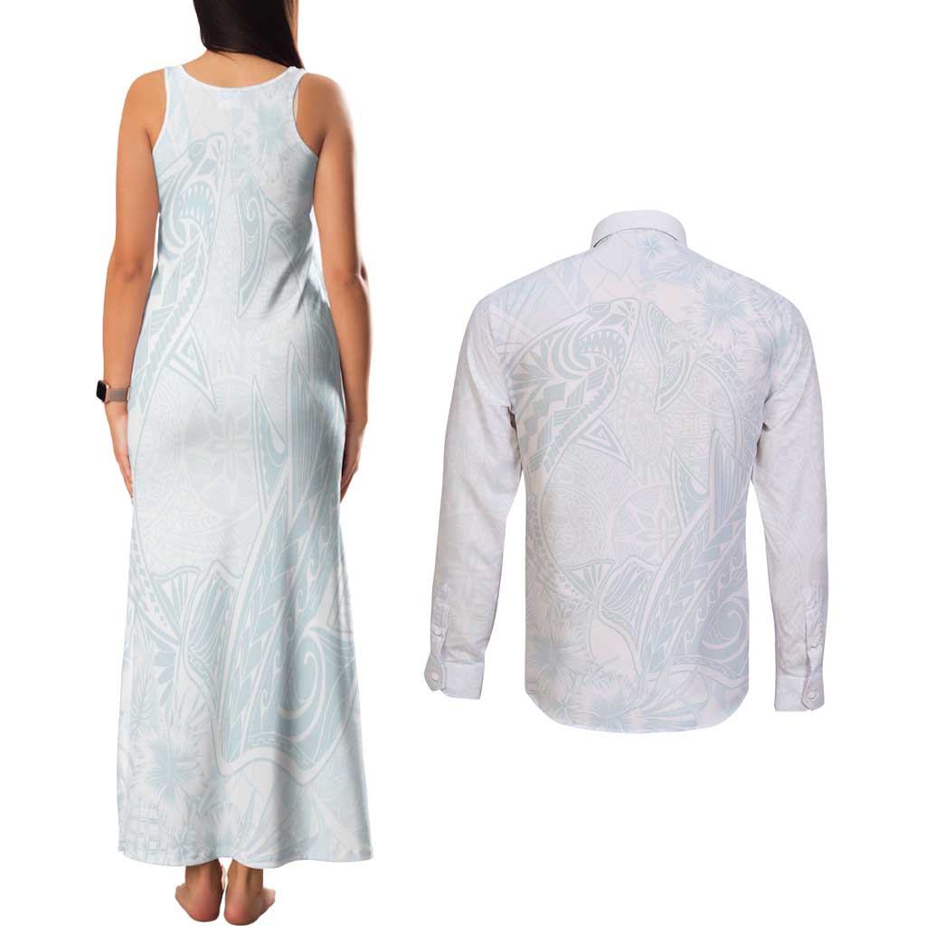 Polynesia Couples Matching Tank Maxi Dress and Long Sleeve Button Shirt Sharks Duo Tropical Off White