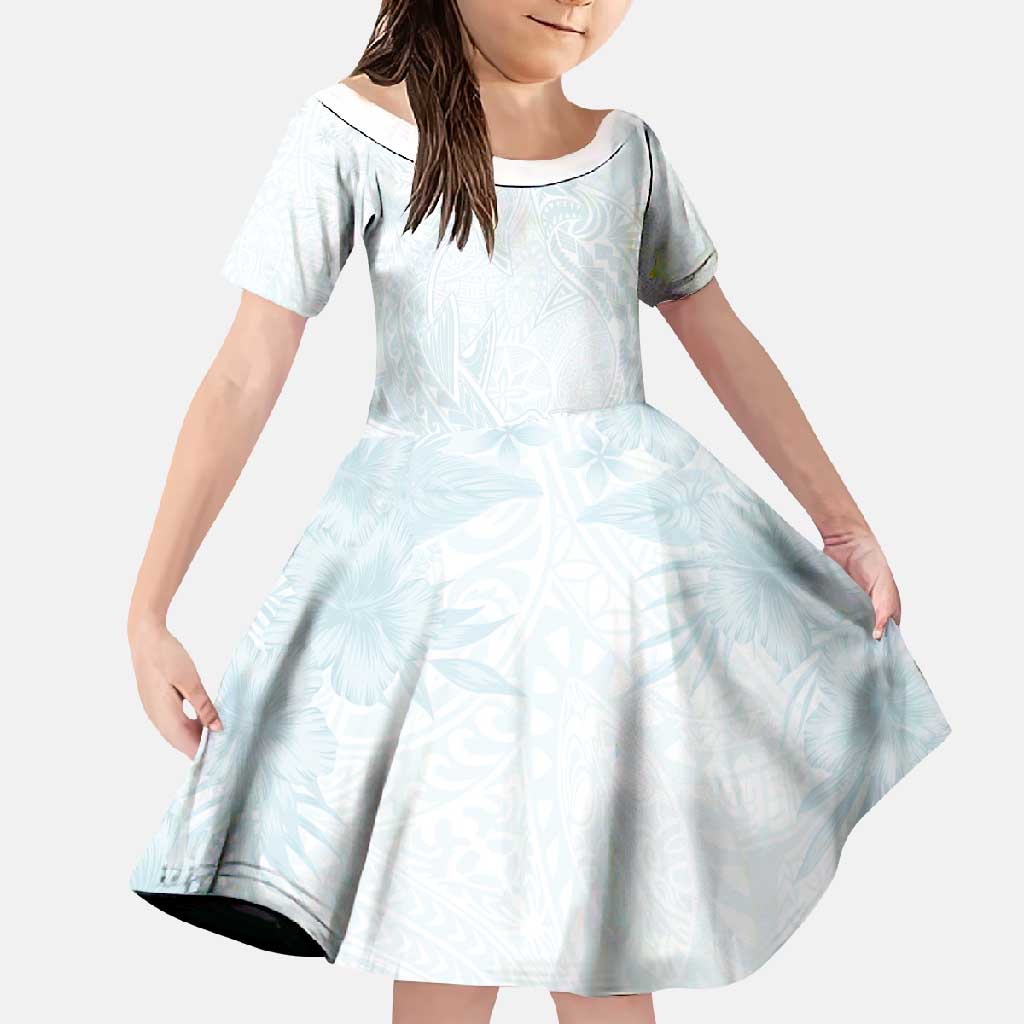 Polynesia Family Matching Long Sleeve Bodycon Dress and Hawaiian Shirt Sharks Duo Tropical Off White LT7 Daughter's Dress White - Polynesian Pride