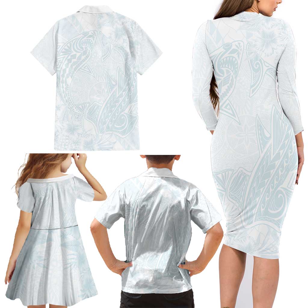 Polynesia Family Matching Long Sleeve Bodycon Dress and Hawaiian Shirt Sharks Duo Tropical Off White LT7 - Polynesian Pride
