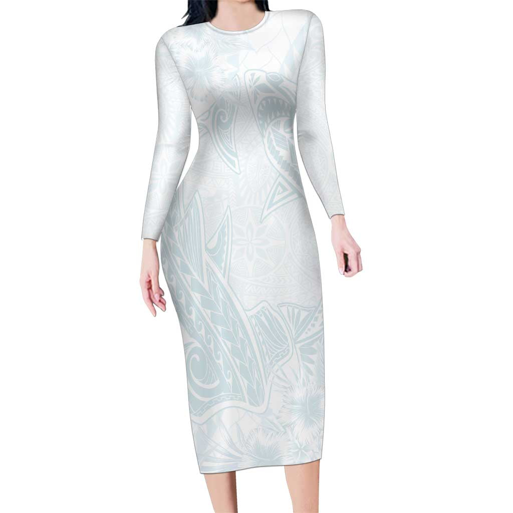 Polynesia Family Matching Long Sleeve Bodycon Dress and Hawaiian Shirt Sharks Duo Tropical Off White LT7 Mom's Dress White - Polynesian Pride