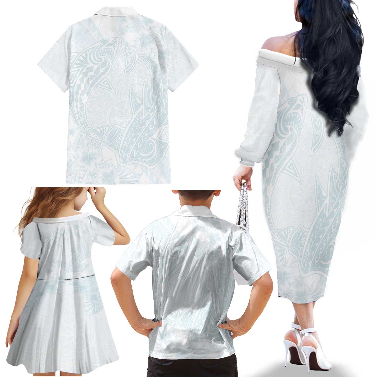 Polynesia Family Matching Off The Shoulder Long Sleeve Dress and Hawaiian Shirt Sharks Duo Tropical Off White LT7 - Polynesian Pride