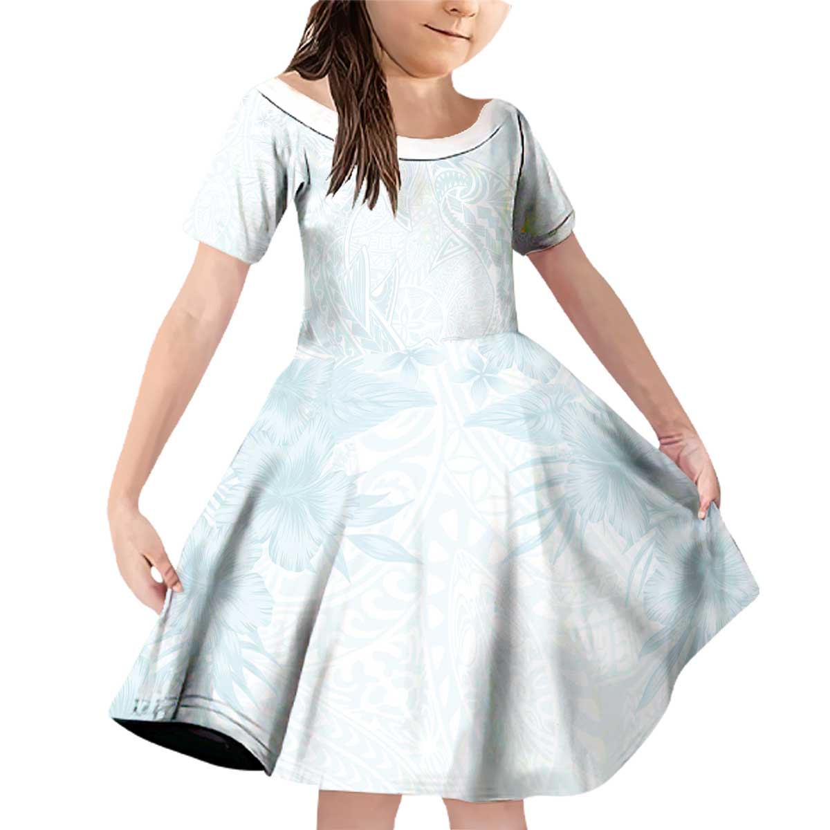 Polynesia Family Matching Off Shoulder Short Dress and Hawaiian Shirt Sharks Duo Tropical Off White LT7 Daughter's Dress White - Polynesian Pride