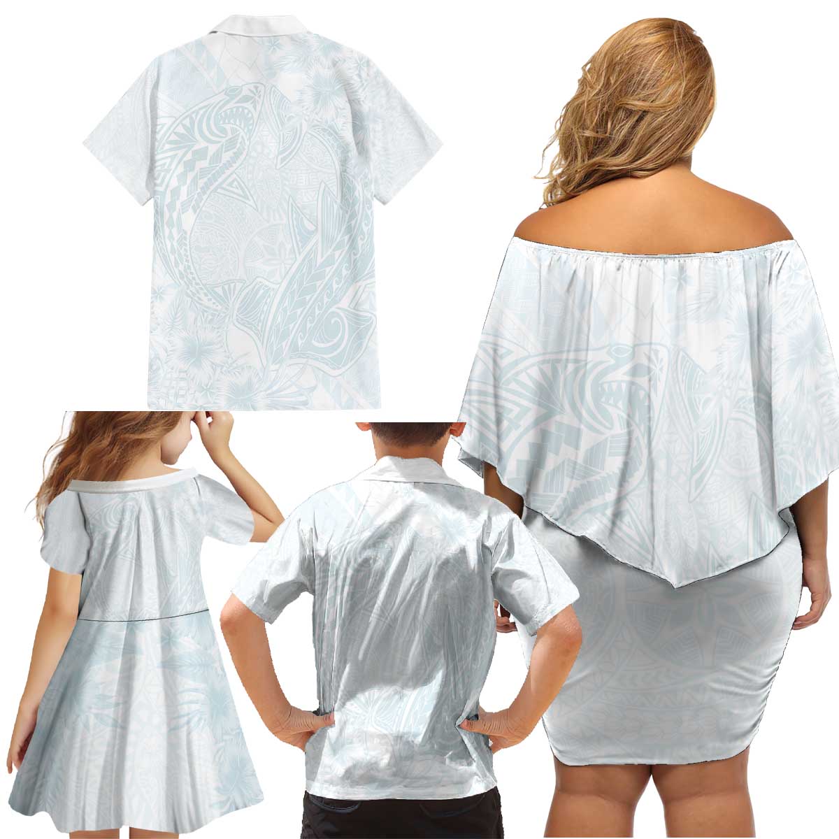 Polynesia Family Matching Off Shoulder Short Dress and Hawaiian Shirt Sharks Duo Tropical Off White LT7 - Polynesian Pride
