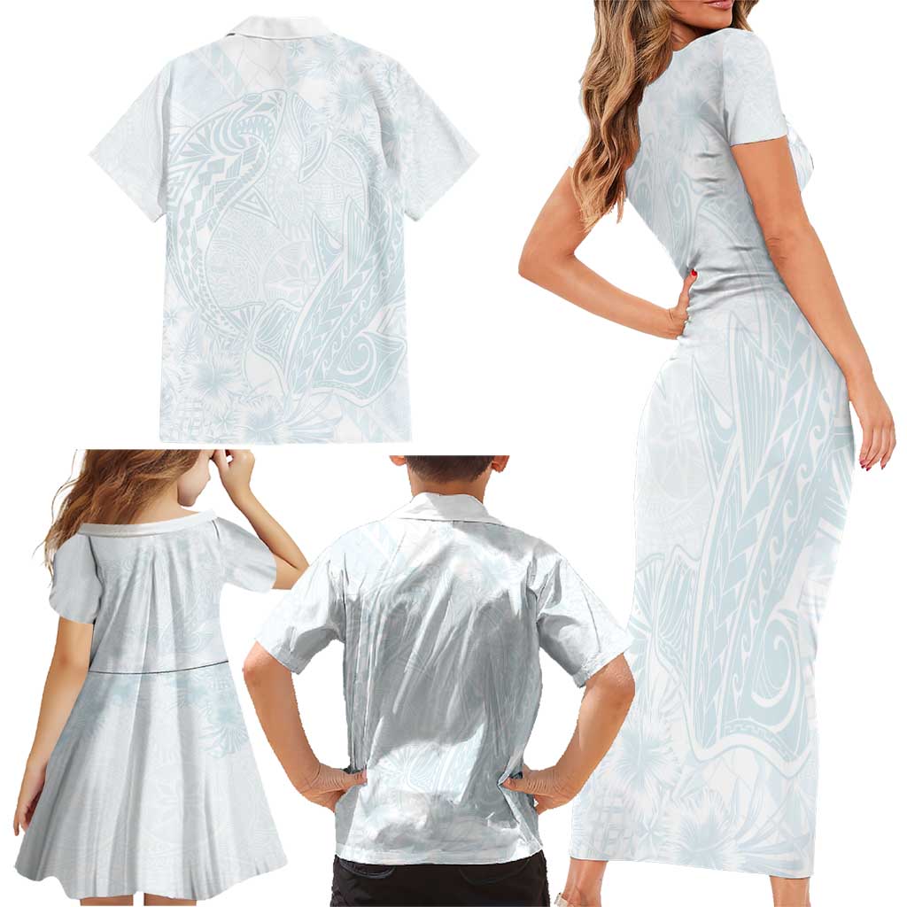 Polynesia Family Matching Short Sleeve Bodycon Dress and Hawaiian Shirt Sharks Duo Tropical Off White LT7 - Polynesian Pride