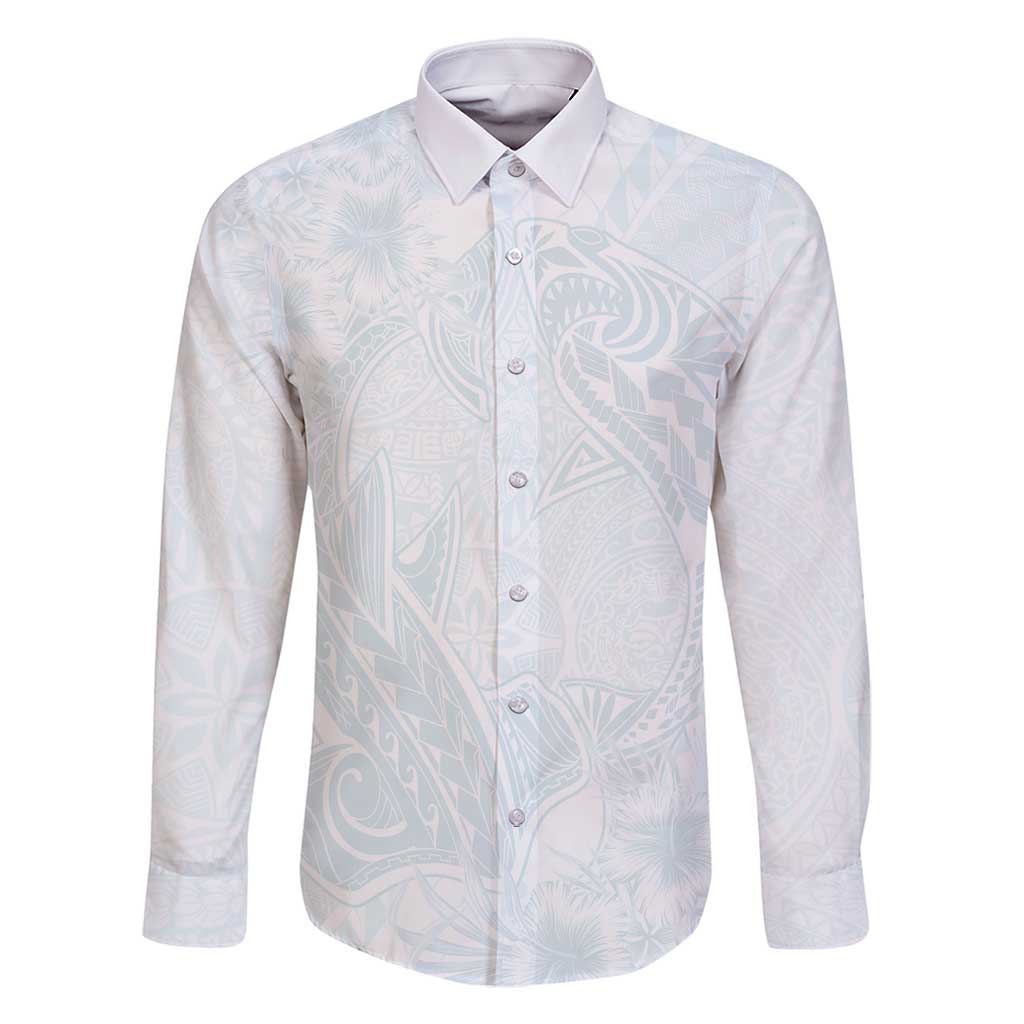 Polynesia Family Matching Summer Maxi Dress and Hawaiian Shirt Sharks Duo Tropical Off White LT7 Dad's Shirt - Long Sleeve White - Polynesian Pride
