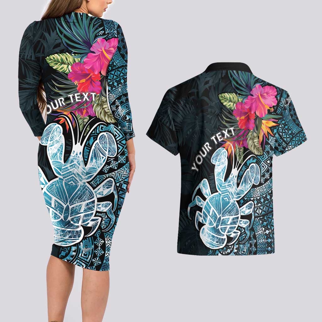 Niue Personalised Couples Matching Long Sleeve Bodycon Dress and Hawaiian Shirt Hiapo Mix Coconut Crab LT7 - Polynesian Pride
