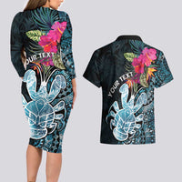Niue Personalised Couples Matching Long Sleeve Bodycon Dress and Hawaiian Shirt Hiapo Mix Coconut Crab LT7 - Polynesian Pride
