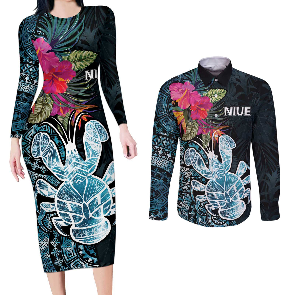 Niue Personalised Couples Matching Long Sleeve Bodycon Dress and Long Sleeve Button Shirt Hiapo Mix Coconut Crab LT7 Art - Polynesian Pride