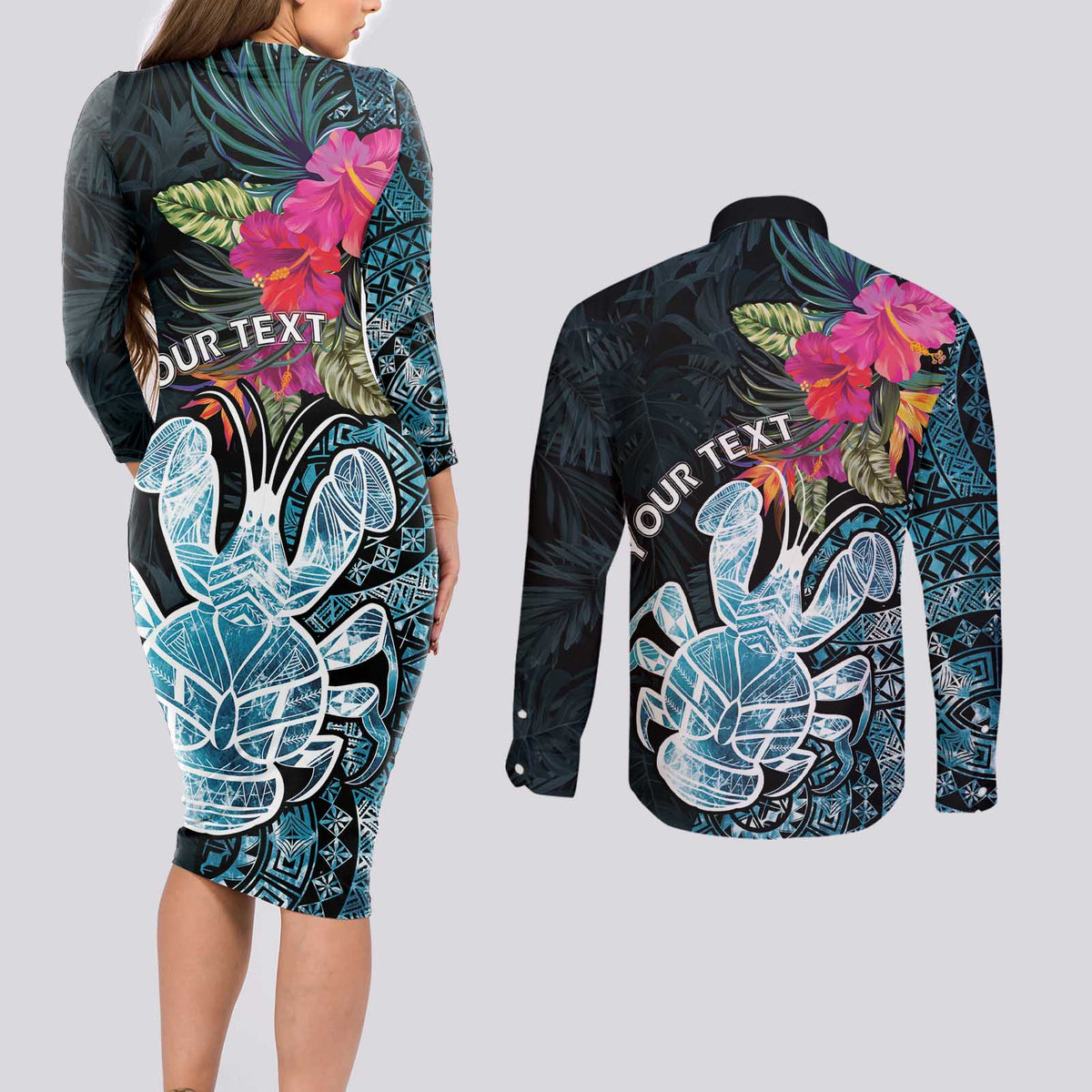 Niue Personalised Couples Matching Long Sleeve Bodycon Dress and Long Sleeve Button Shirt Hiapo Mix Coconut Crab LT7 - Polynesian Pride